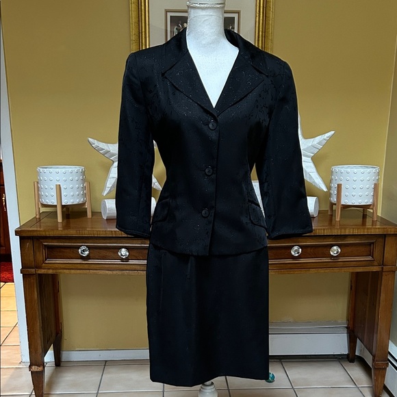 Women’s Vtg 90’s Y2K Office Girl Formal Black Floral Embroidered 2 PC Skirt Set - Picture 1 of 15